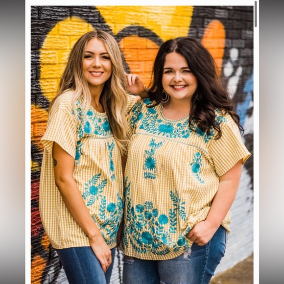 layers clothing Tops - Floral Embroidered Yellow and Teal Blouse
